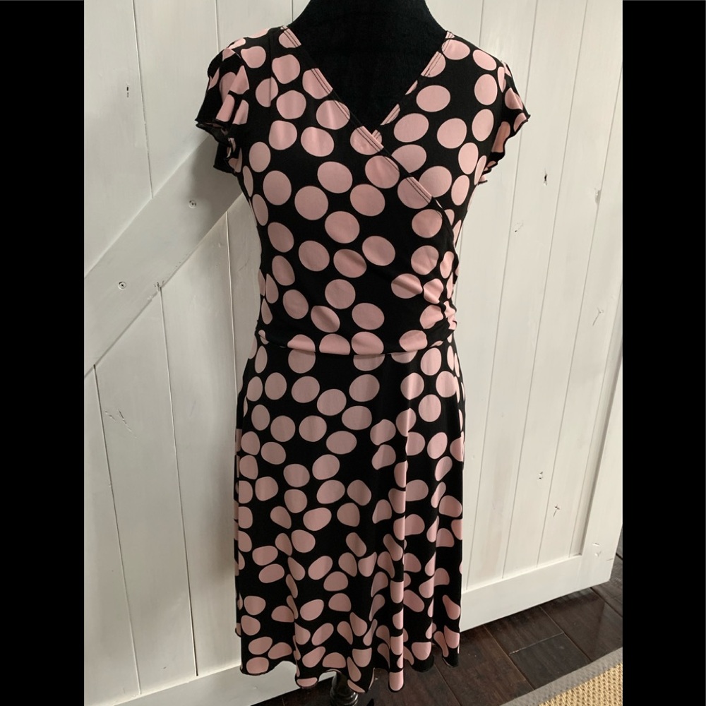 Black dress with pink polka dots